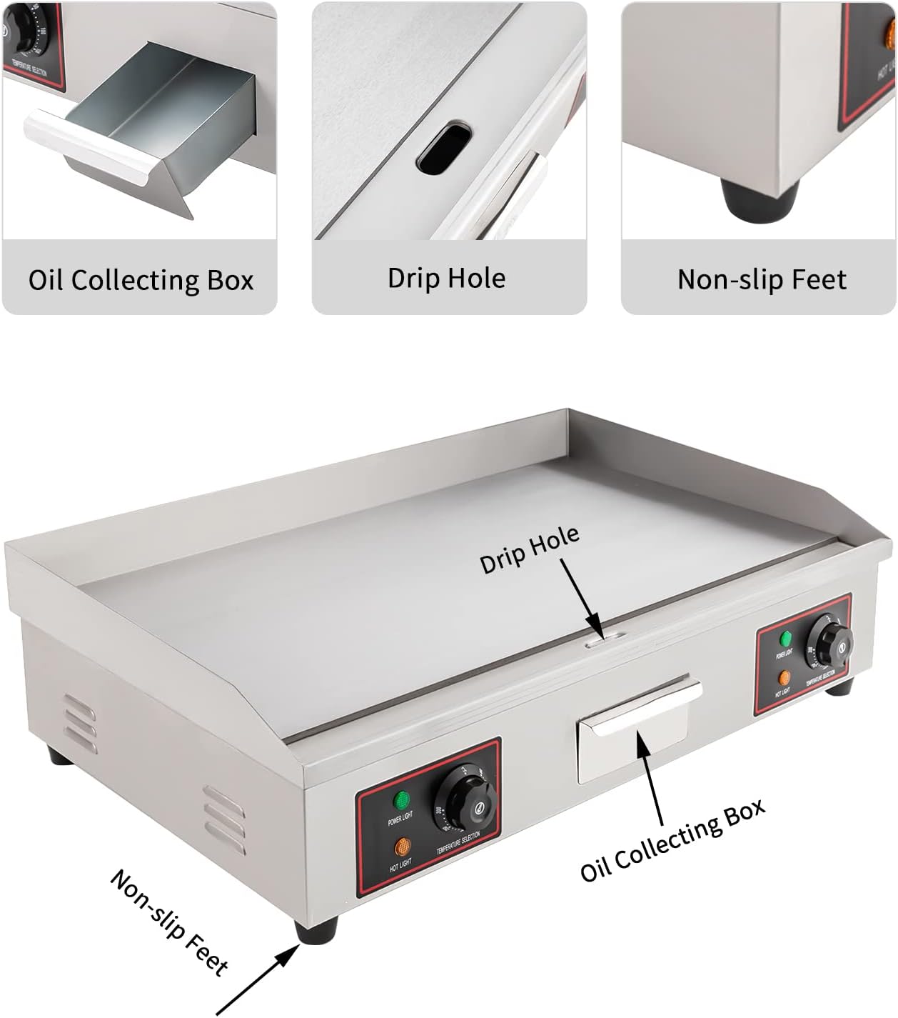 Commercial Electric Griddle, 30' 3000W Electric Countertop Flat Top Griddle Grill, Non-Stick Stainless Steel Teppanyaki Grill, Adjustable Temperature Control 122-572℉ (No Plug)