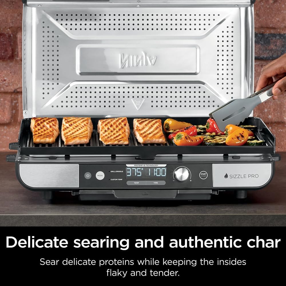 Ninja Sizzle Pro XL 20-Inch Indoor Griddle + Grill, Detachable Ventilated Lid, Grease Control, Ceramic Nonstick Plates, Even Edge-to-Edge Cooking, XL Capacity, Versatile, Silver GX101 (Renewed)