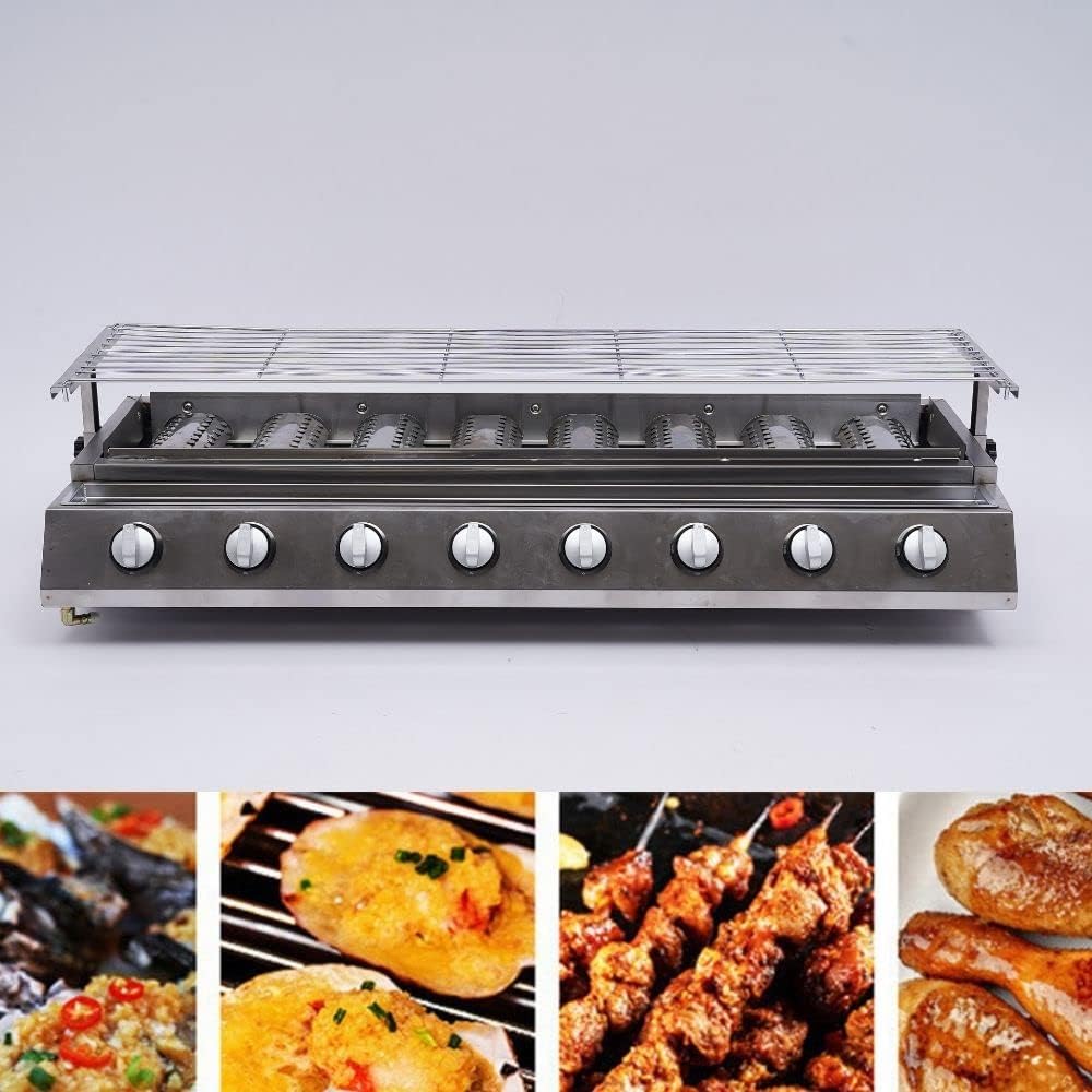 LOYALHEARTDY Gas Griddle Grill, Portable 8 Grill Ceramic Burners Outdoor BBQ Tabletop Cooker with Non-Slip Foot Pads, Height Adjustable Flat Top Gas Grill for Barbecue Restaurants, Food Stalls