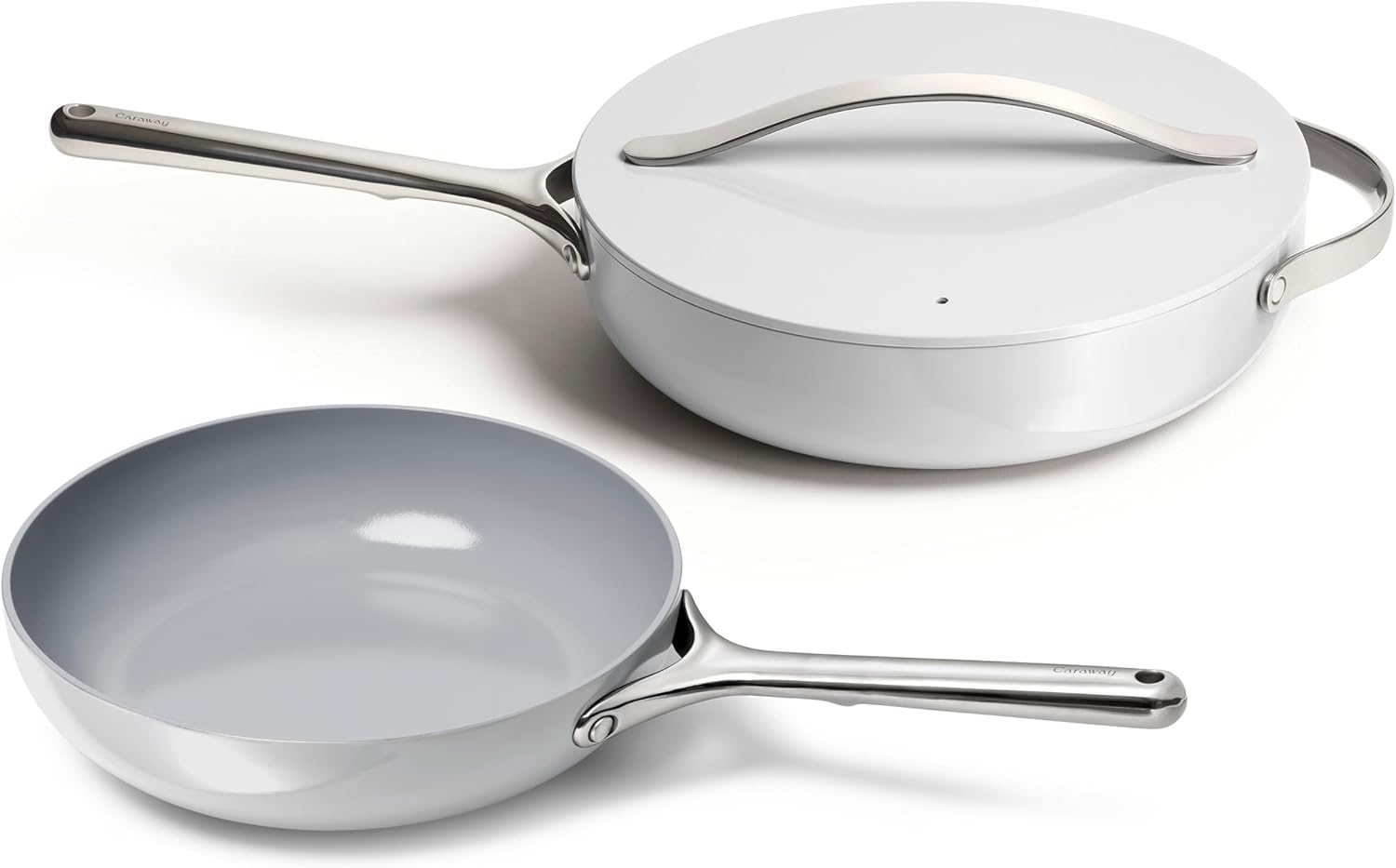 Caraway Fry Pan and Sauté Pan Duo - 10.5' Ceramic Frying Pan and 11.8' Deep Sauté Pan with Lid - Non Stick, Non Toxic, Oven Safe - Gray