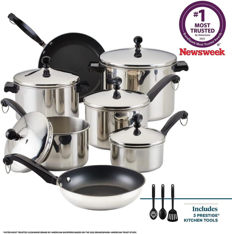 Farberware Classic Series Nonstick Stainless Steel Cookware Set, Pots and Pans Set, 15-Piece