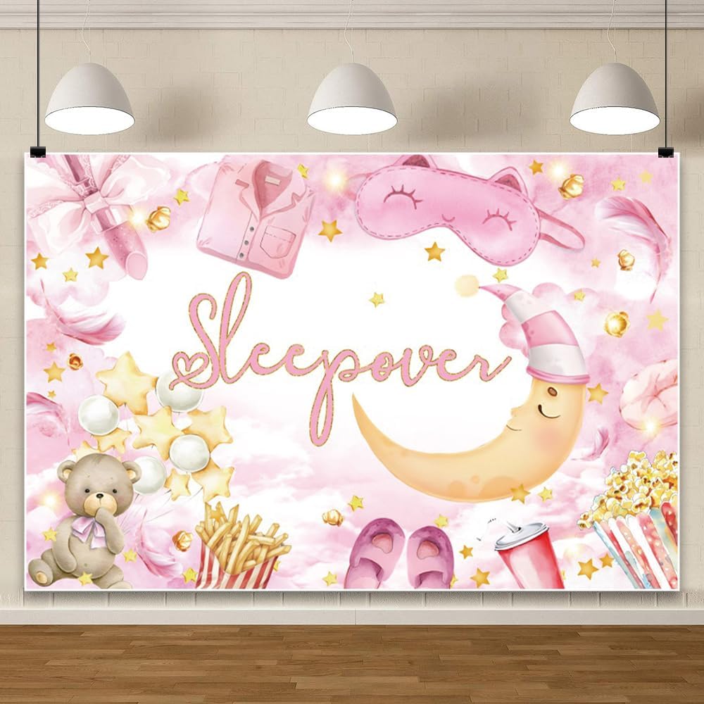 20x10ft Happy Birthday Backdrop Sleepover Party Background Movie Night Slumber Party Birthday Party Decorations Colorful Pajama Girls Pillow Fight Theme Spa Makeup Night Pink Banner Supplies