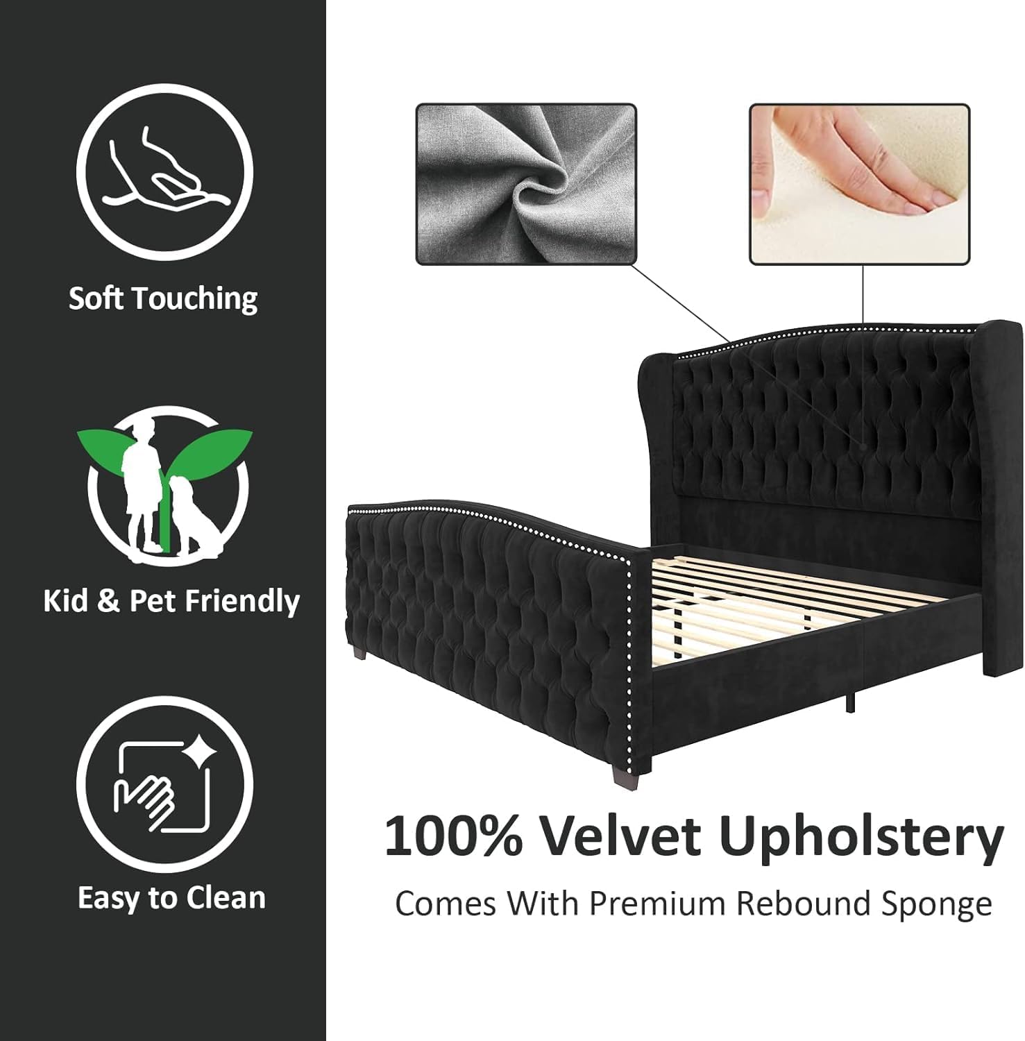 AMERLIFE California King Size Platform Bed Frame, Velvet Upholstered Bed with Deep Button Tufted & Nailhead Trim Wingback Headboard/No Box Spring Needed,Black