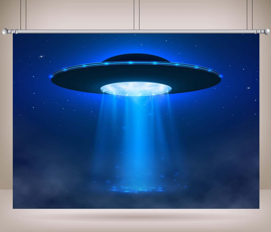 20x10ft UFO Backdrop Sci-Fi Alien Spaceship Background Glowing Flying Saucer Decor Outer Space Party Supplies Cosmic Theme Photo Booth Banner Science Fiction Celebration Decoration