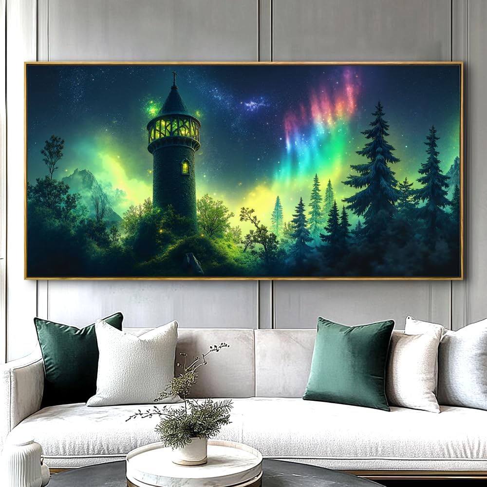 Aurora Landscape Wall Art - Framed Modern Canvas Painting for Living Room, Bedroom Home Office Decor, 60x30 Inch Ready to Hang
