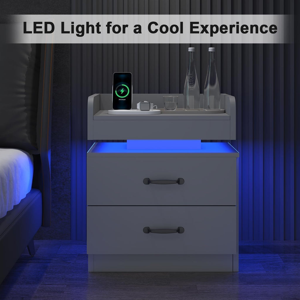 4ever2buy Grey Nightstand Set of 2 with Charging Station and LED Lights Modern Bedside Tables with 2 Drawers for Bedroom