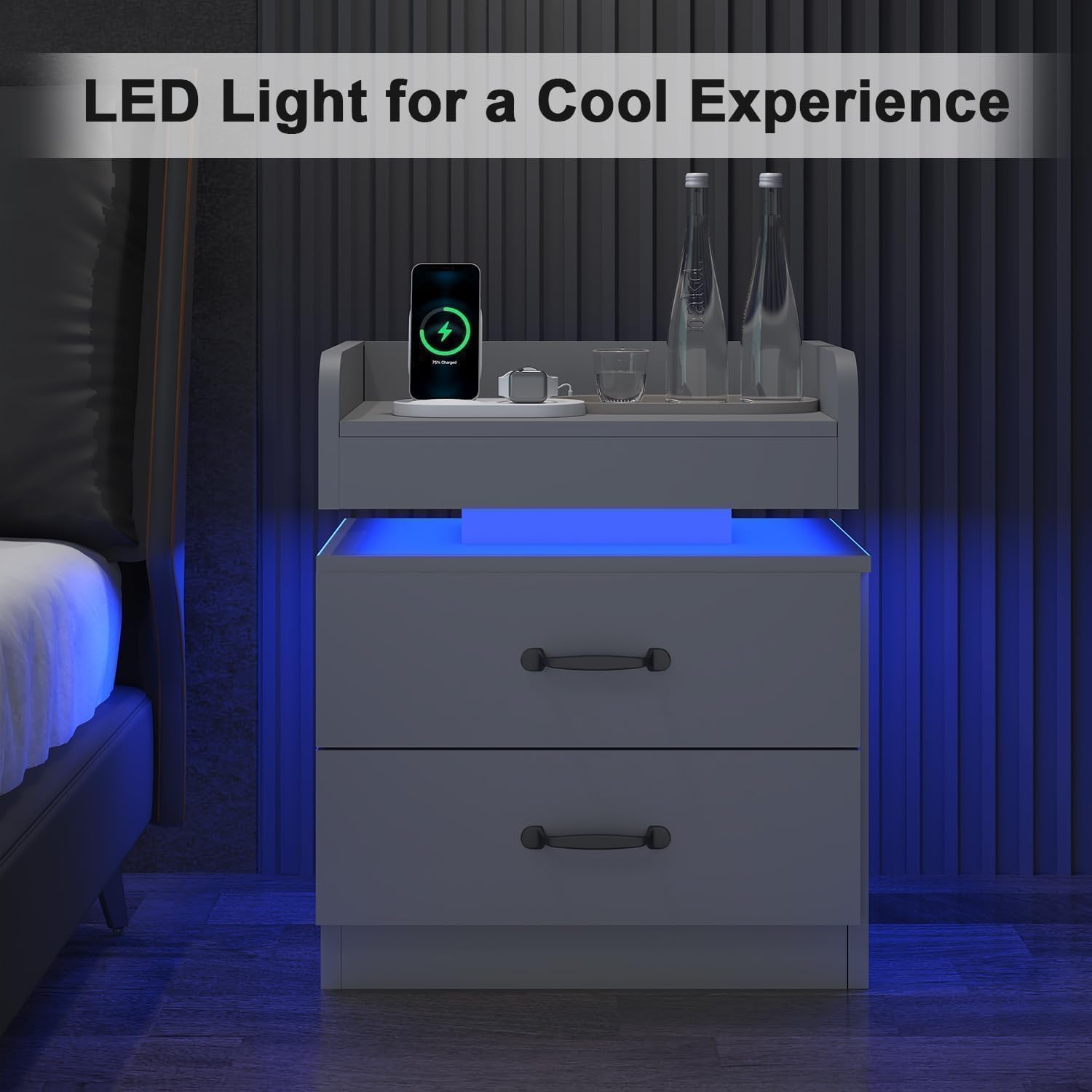 4ever2buy Grey Nightstand Set of 2 with Charging Station and LED Lights Modern Bedside Tables with 2 Drawers for Bedroom