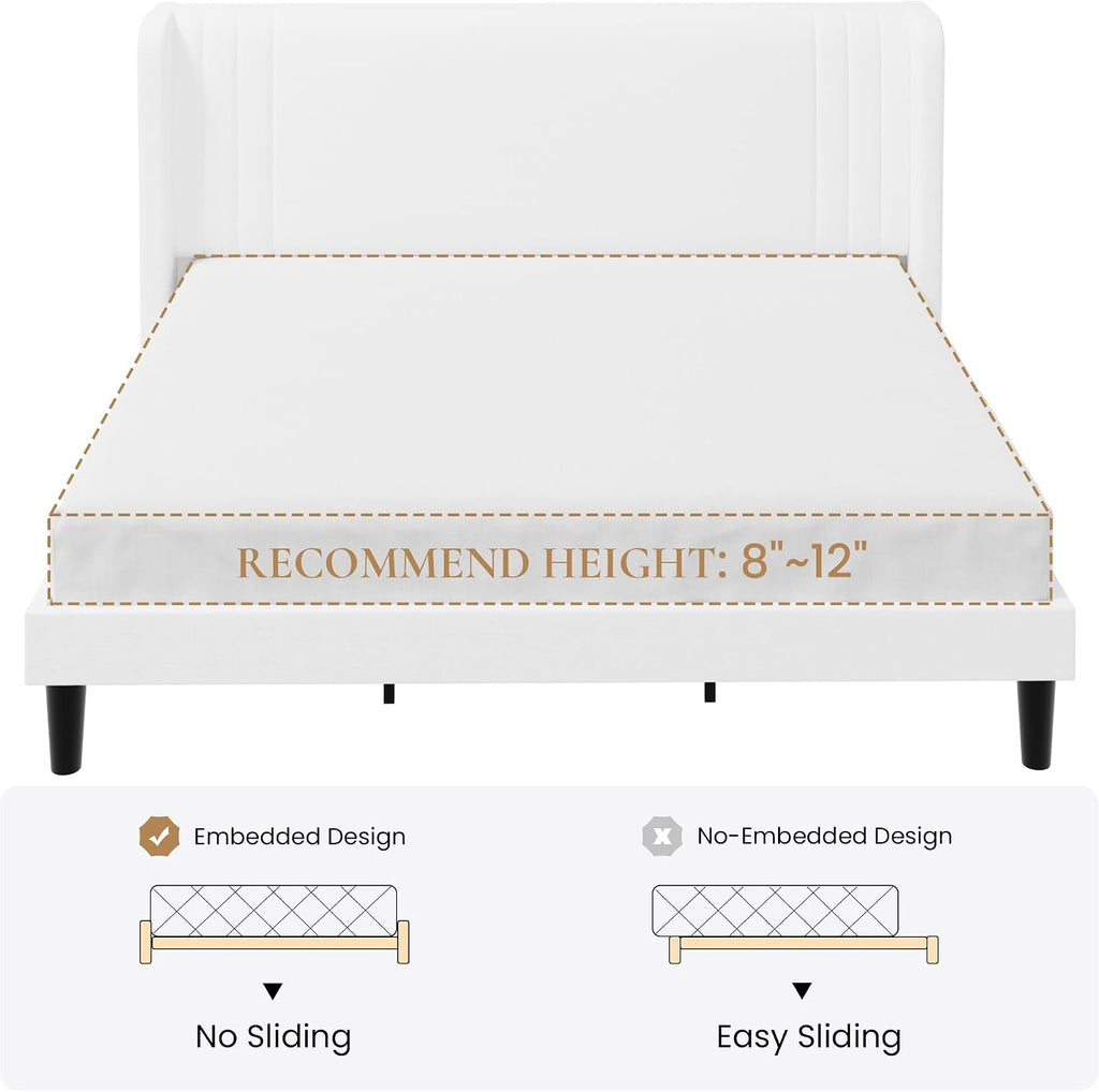 SHA CERLIN King Size Velvet Upholstered Platform Bed Frame with Vertical Channel Tufted Wingback Headboard, Wooden Slats Support, Easy Assembly, Under Bed Storage, No Box Spring Required, White
