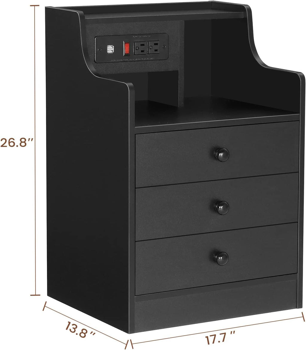ADORNEVE Night Stand Set 2,Black Nightstand with Charging Station & Hutch,Night Stands for Bedrooms Set of 2,Bedside Table with Drawers