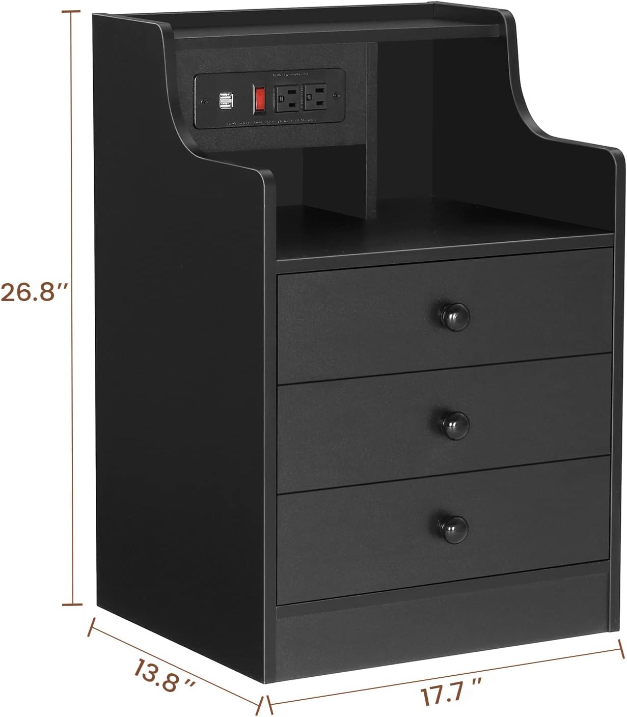 ADORNEVE Night Stand Set 2,Black Nightstand with Charging Station & Hutch,Night Stands for Bedrooms Set of 2,Bedside Table with Drawers
