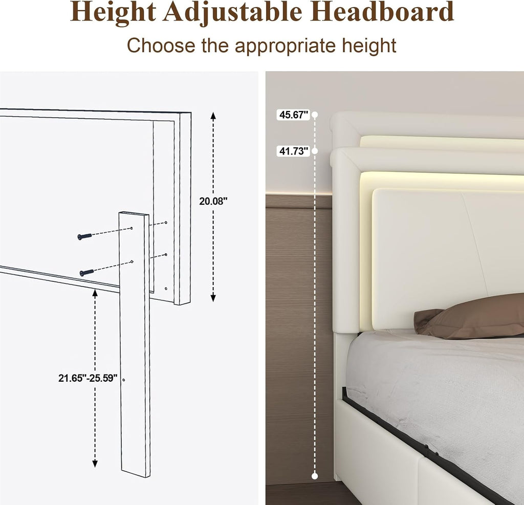 Twin Size Bed Frame with 4 Storage Drawers and LED Lights, Upholstered Platform Bed with Adjustable Headboard and Charging Station, Metal Slats Support, No Box Spring Needed,Easy Assembly, White