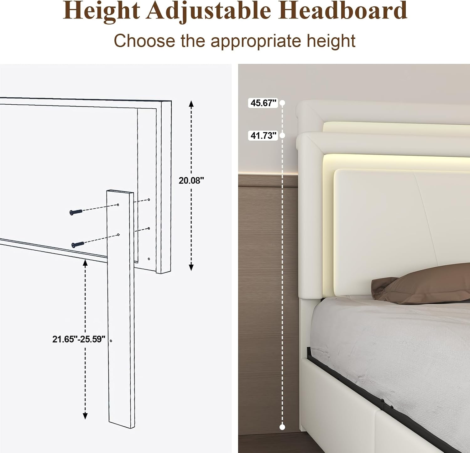 Twin Size Bed Frame with 4 Storage Drawers and LED Lights, Upholstered Platform Bed with Adjustable Headboard and Charging Station, Metal Slats Support, No Box Spring Needed,Easy Assembly, White