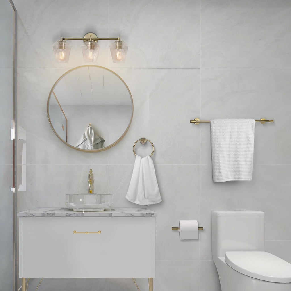 GLOBE Electric 63000063 5-Piece All-in-One Bathroom Set, Matte Brass Finish, 3-Light Vanity Light, Glass Shades, Towel Bar, Toilet Paper Holder, Towel Ring, Robe Hook, Bathroom Lights Over Mirror