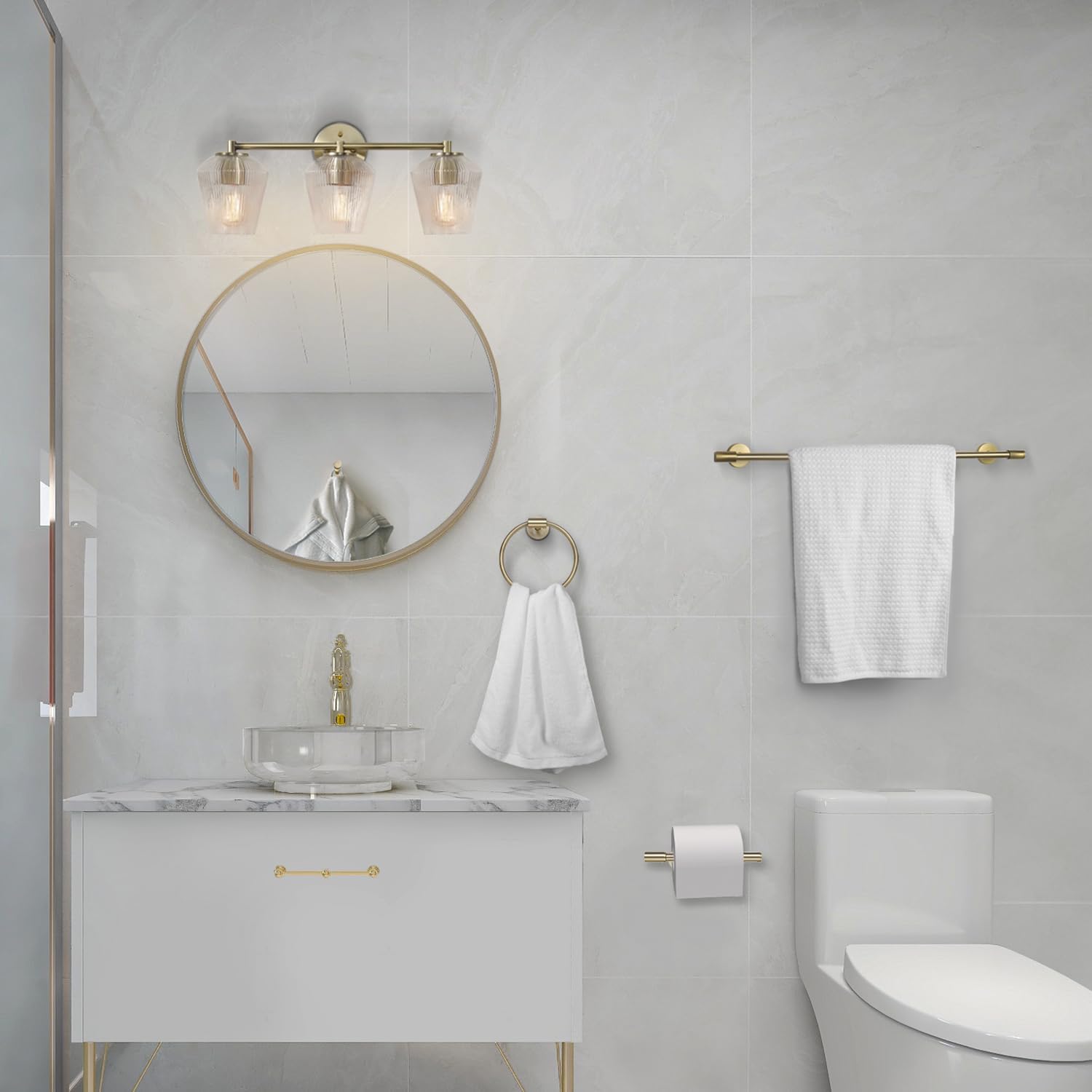 GLOBE Electric 63000063 5-Piece All-in-One Bathroom Set, Matte Brass Finish, 3-Light Vanity Light, Glass Shades, Towel Bar, Toilet Paper Holder, Towel Ring, Robe Hook, Bathroom Lights Over Mirror