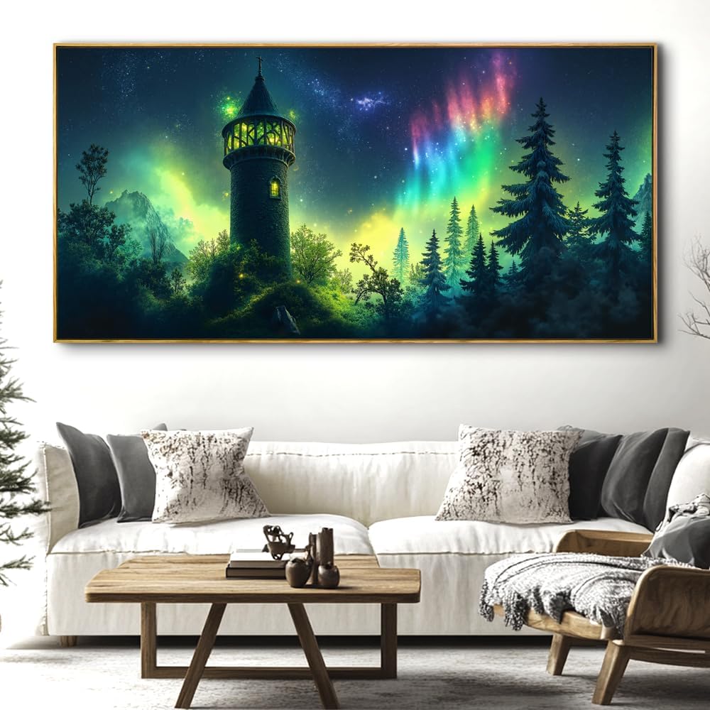 Aurora Landscape Wall Art - Framed Modern Canvas Painting for Living Room, Bedroom Home Office Decor, 60x30 Inch Ready to Hang
