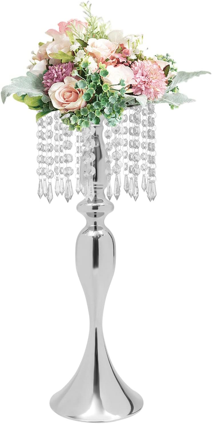 Silver Crystal Flower Stand Wedding Centerpieces for Tables, 10 Pcs Road Lead Tall Flower Holders Metal Flower Vase for Reception Tables Wedding Supplies Party Reception Dining Room, 21.3'H