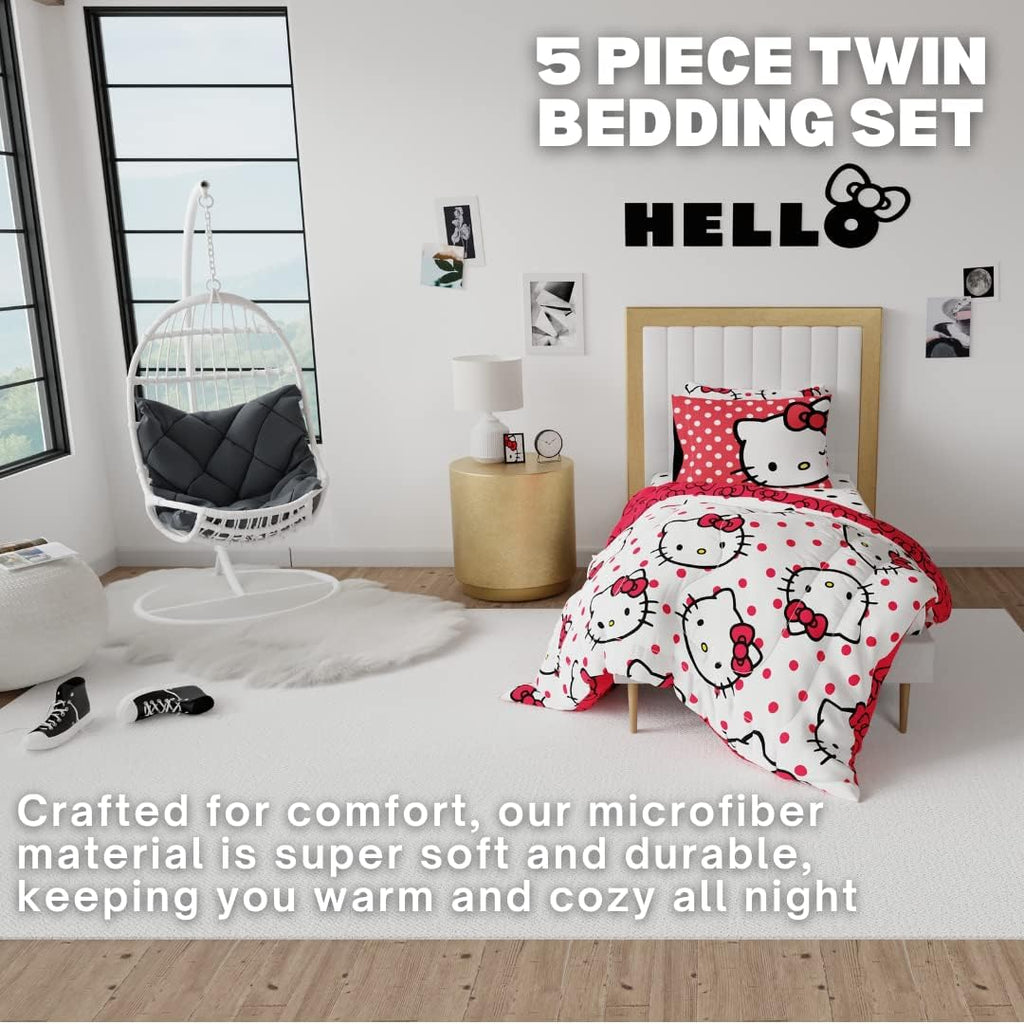Hello Kitty Polka Dot Bedding 5 Piece Super Soft Comforter and Sheet Set with Sham, Twin, (Officially Licensed Product) by Franco Collectibles