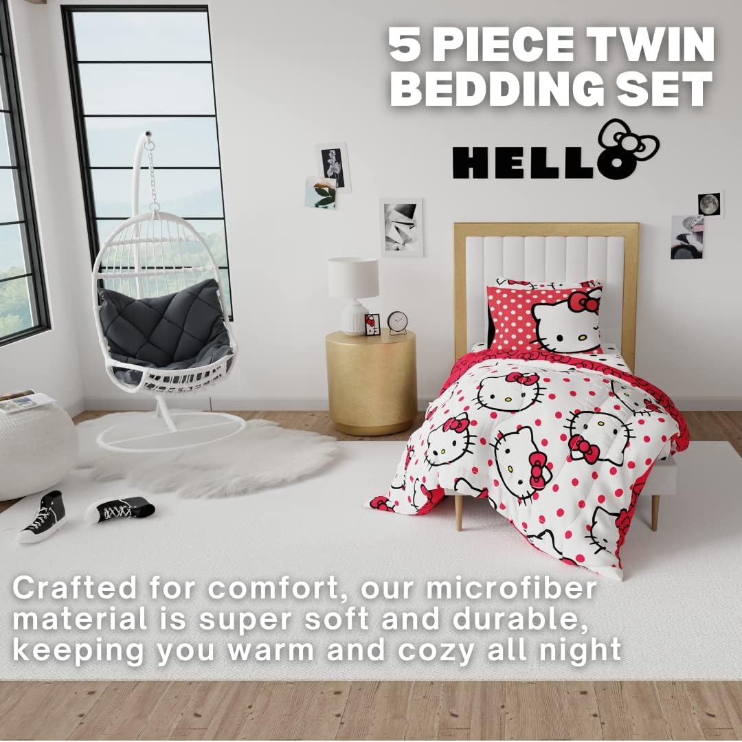 Hello Kitty Polka Dot Bedding 5 Piece Super Soft Comforter and Sheet Set with Sham, Twin, (Officially Licensed Product) by Franco Collectibles