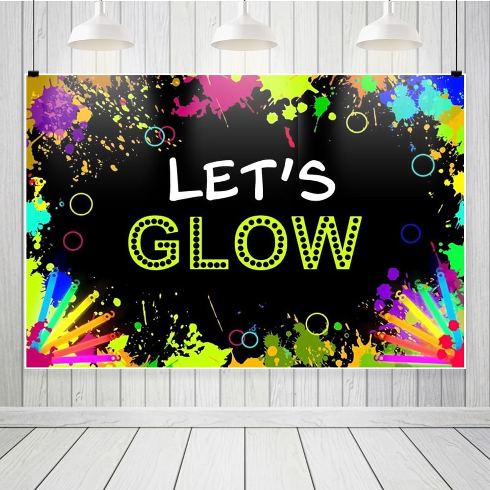 Leowefowa Let's Glow Crazy Party Decoration Supplies 20x10ft Vinyl Glow in The Dark Background for Photography Neon Graffiti Splash Backdrops for Photoshoot Wallpaper Decor Photo Booth Props