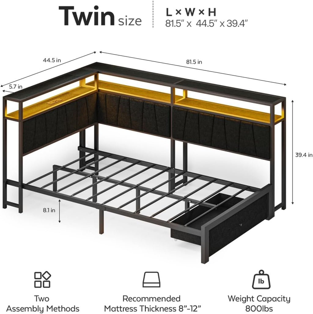 Twin Corner Bed Frame with Storage Drawers, Modern Daybed with LED Lights and Charging Station, Metal Twin Platform Bed Frame with Linen Upholstered Guardrail for Dorm Bedroom, Black