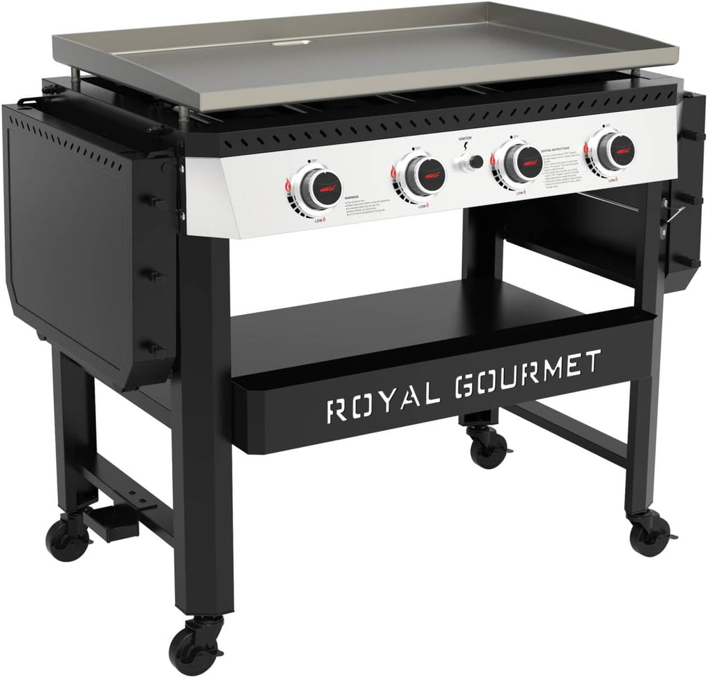 Royal Gourmet GB4007 4 Burner Propane Gas Griddle with Folding Side Tables, 34-Inch Flat Top Grill with 52,000 BTUs Output for Outdoor Cooking like Camping or Tailgating, Black & Silver