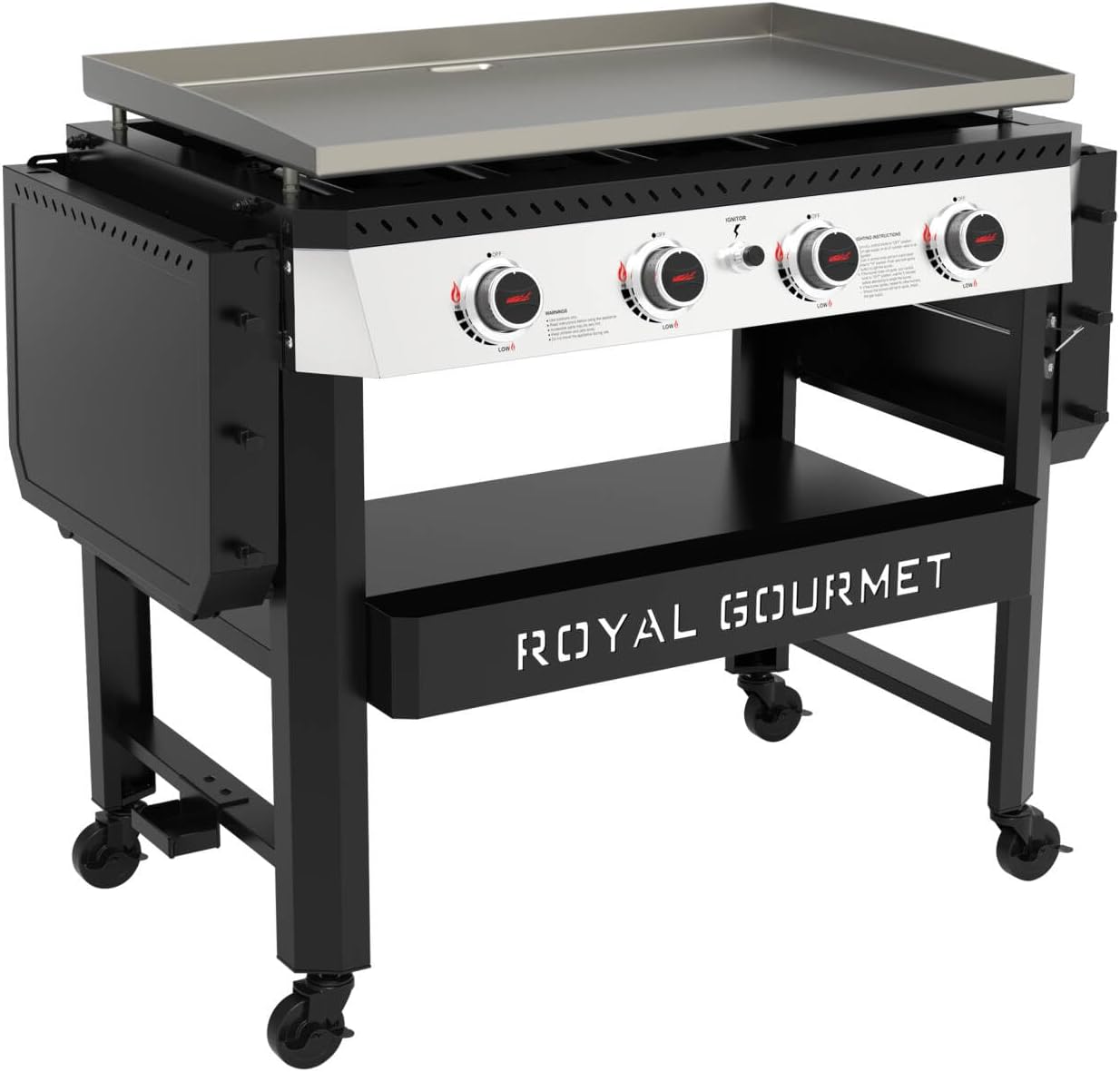 Royal Gourmet GB4007 4 Burner Propane Gas Griddle with Folding Side Tables, 34-Inch Flat Top Grill with 52,000 BTUs Output for Outdoor Cooking like Camping or Tailgating, Black & Silver