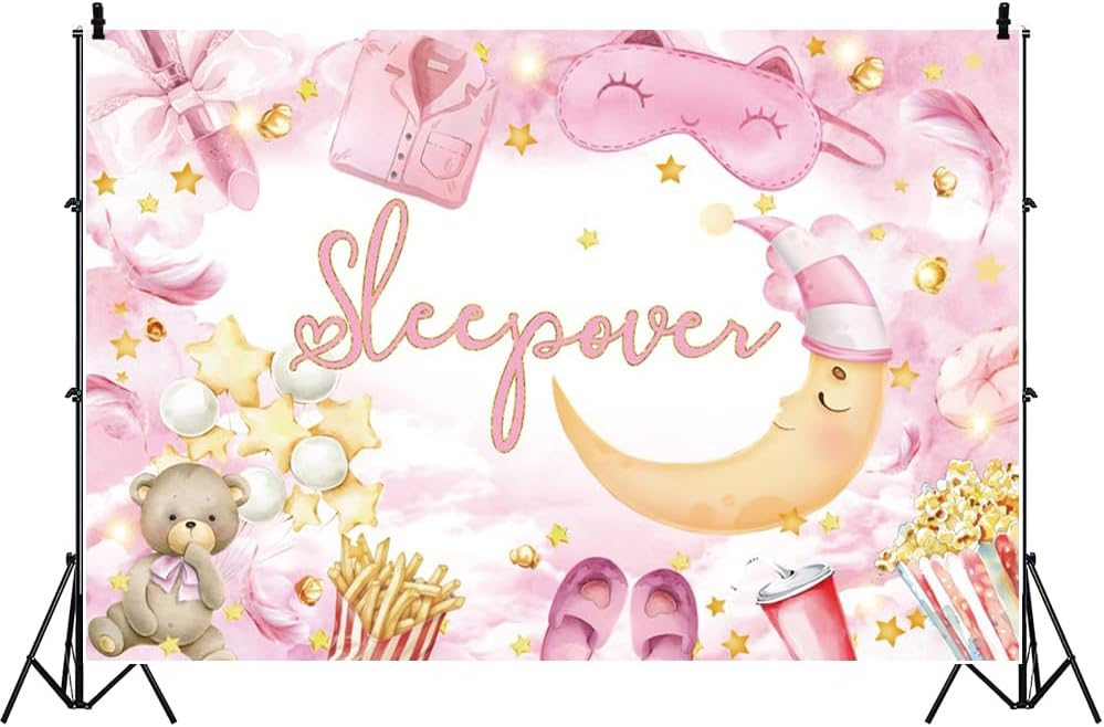 20x10ft Happy Birthday Backdrop Sleepover Party Background Movie Night Slumber Party Birthday Party Decorations Colorful Pajama Girls Pillow Fight Theme Spa Makeup Night Pink Banner Supplies