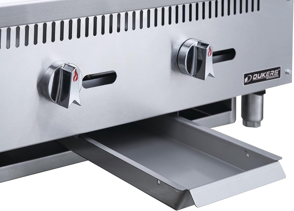 Dukers DCGMA36 36' in. W Commercial Countertop Gas Griddle, 1 Burner, NG/LPG (Natural Gas/Liquid Propane) 30,000 BTU 1 inch Plate with Manual Controls