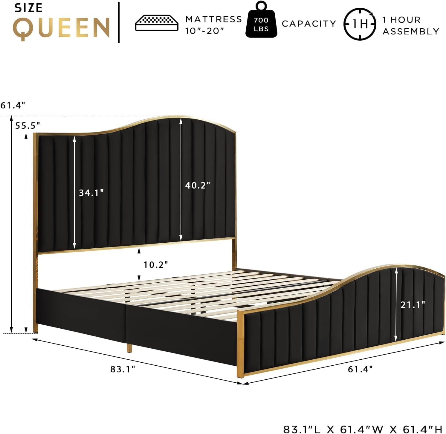 AMERLIFE Queen Size Bed Frame with 61.4' Tall Headboard, Velvet Upholstered Platform Bed with Gold Trim & Footboard, Wooden Slat Support, No Box Spring Needed, Black