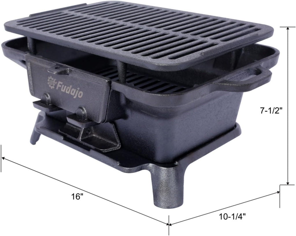 Oval Cast Iron Grill Outdoor - Portable Charcoal Grill & Tabletop Griddle, 19.6' Enameled Camping Stove with Carrying Handles,for BBQ, Tailgating & Hunting (Black,No Carrying Handle)