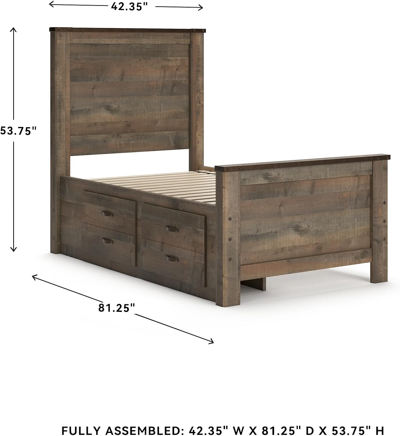 Signature Design by Ashley Trinell Casual Twin Panel Platform Bed with 2 Storage Drawers and Nailheads, Foundation or Box Spring Not Needed, Dark Brown
