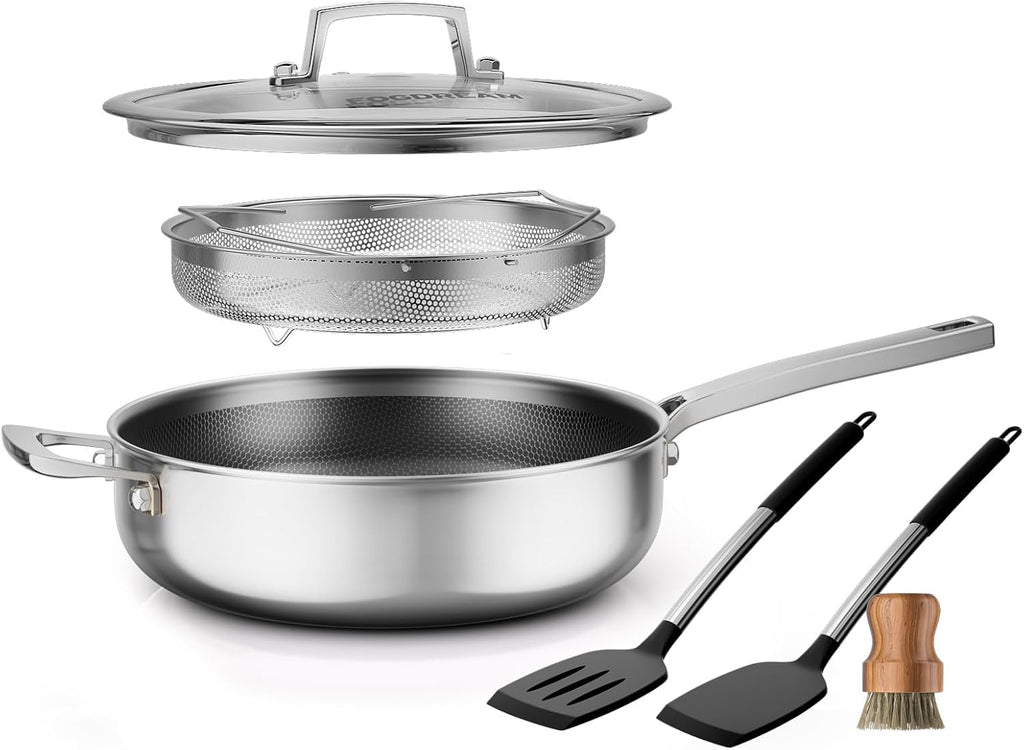 FogDream Titanium Non Stick Frying Pan, 10in Tri-Ply Stainless Steel Deep Saute Pan, All-in-One Cookware Set(Spatulas&Steamer), Stay Cool Handle, Dishwasher & Oven-Safe,Induction Compatible,Silver