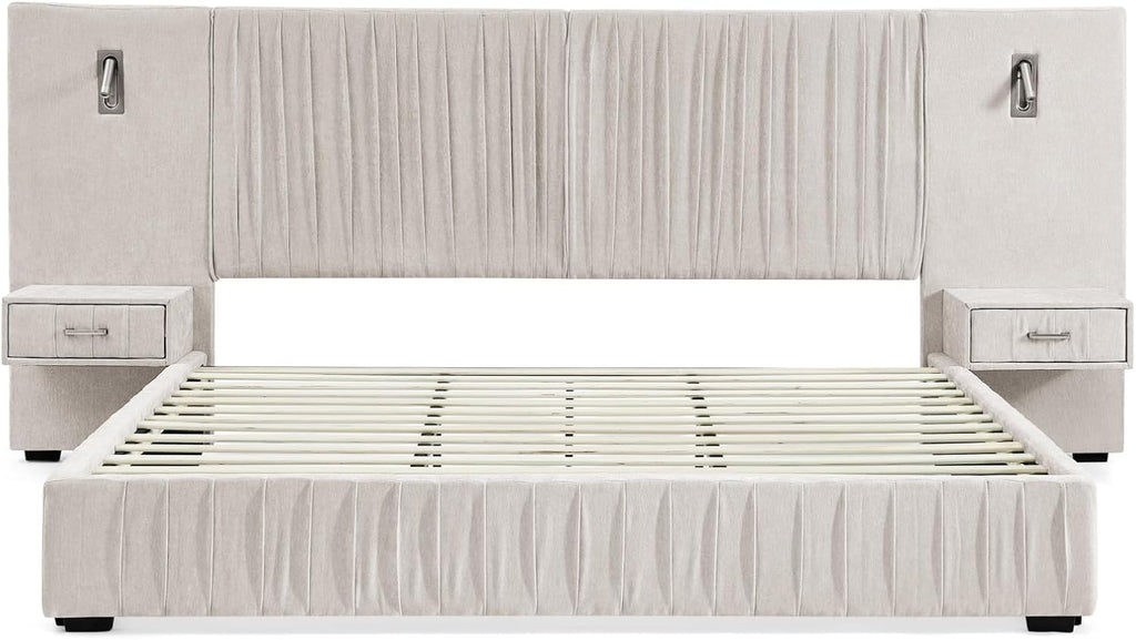 KEIKI King Size Chenille Bed Frame with 2 Nightstands, Lamps & Oversize Headboard, Solid Wood Frame Platform Night Stand Bedroom Set, Upholstered Floor Grounded Bed, No Box Spring Needed, Beige