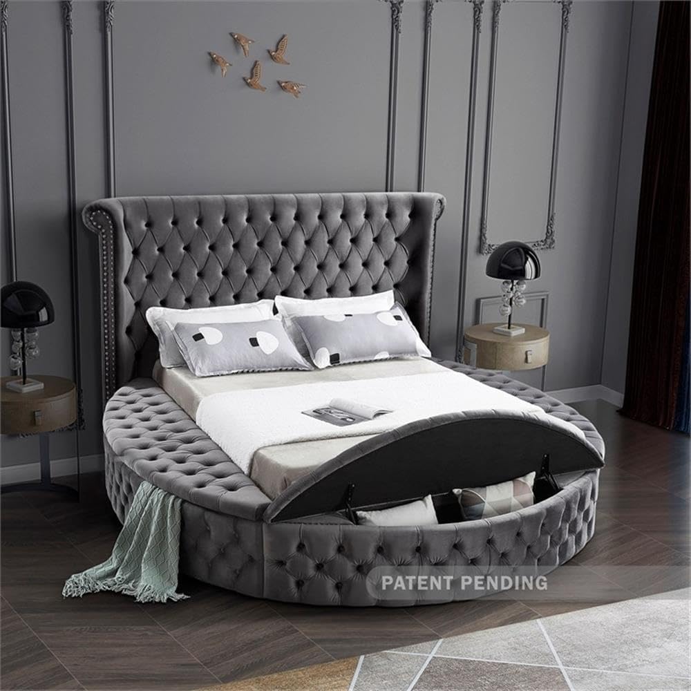 Meridian Furniture Luxus Collection Modern Contemporary Round Shaped Velvet Upholstered Bed with Deep Button Tufting and Footboard Storage, King, Grey