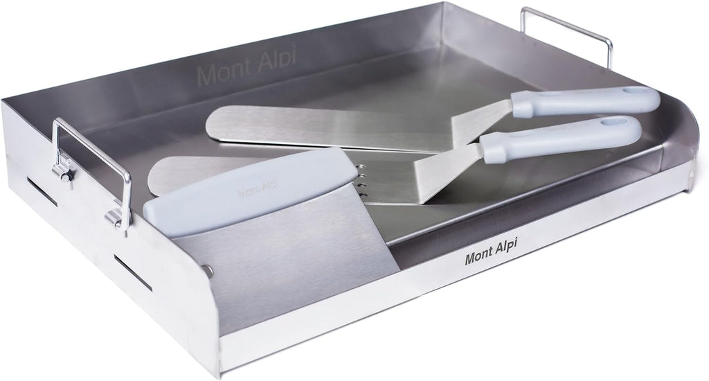 Mont Alpi MASHP Stainless Steel Universal Outdoor Barbecue Flat Top Griddle Converter Kit - Frying Pan with Grease Collection Zone, Teppanyaki Style Solid and Slotted Spatulas, Scraper BBQ Tool Set