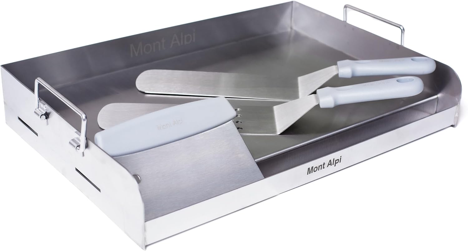 Mont Alpi MASHP Stainless Steel Universal Outdoor Barbecue Flat Top Griddle Converter Kit - Frying Pan with Grease Collection Zone, Teppanyaki Style Solid and Slotted Spatulas, Scraper BBQ Tool Set