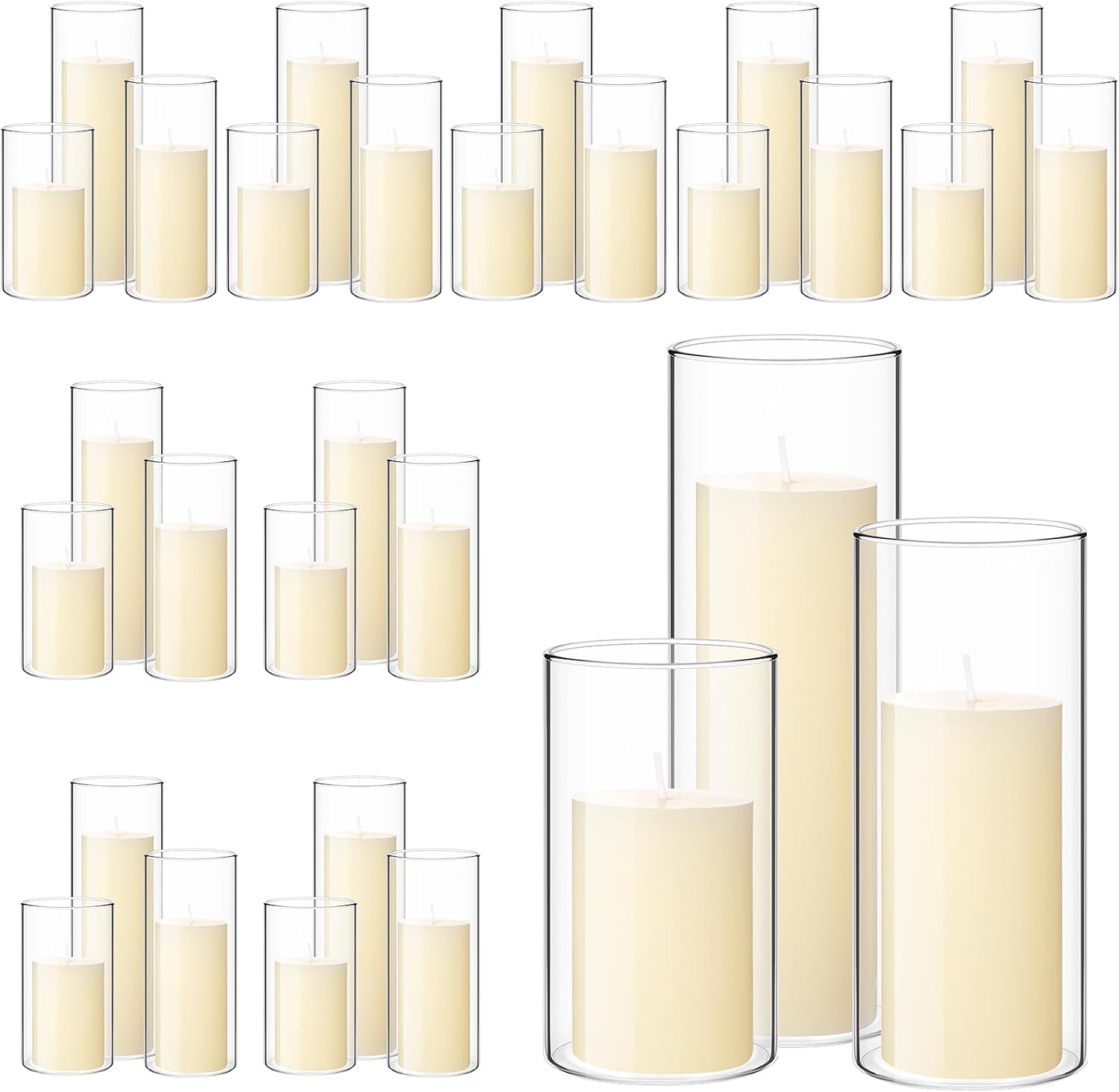 Shihanee 180 Pcs Pillar Candles and Glass Cylinder Vases Clear Cylinder Holders for Slim Pillar Candles Table Decoration (Ivory White)