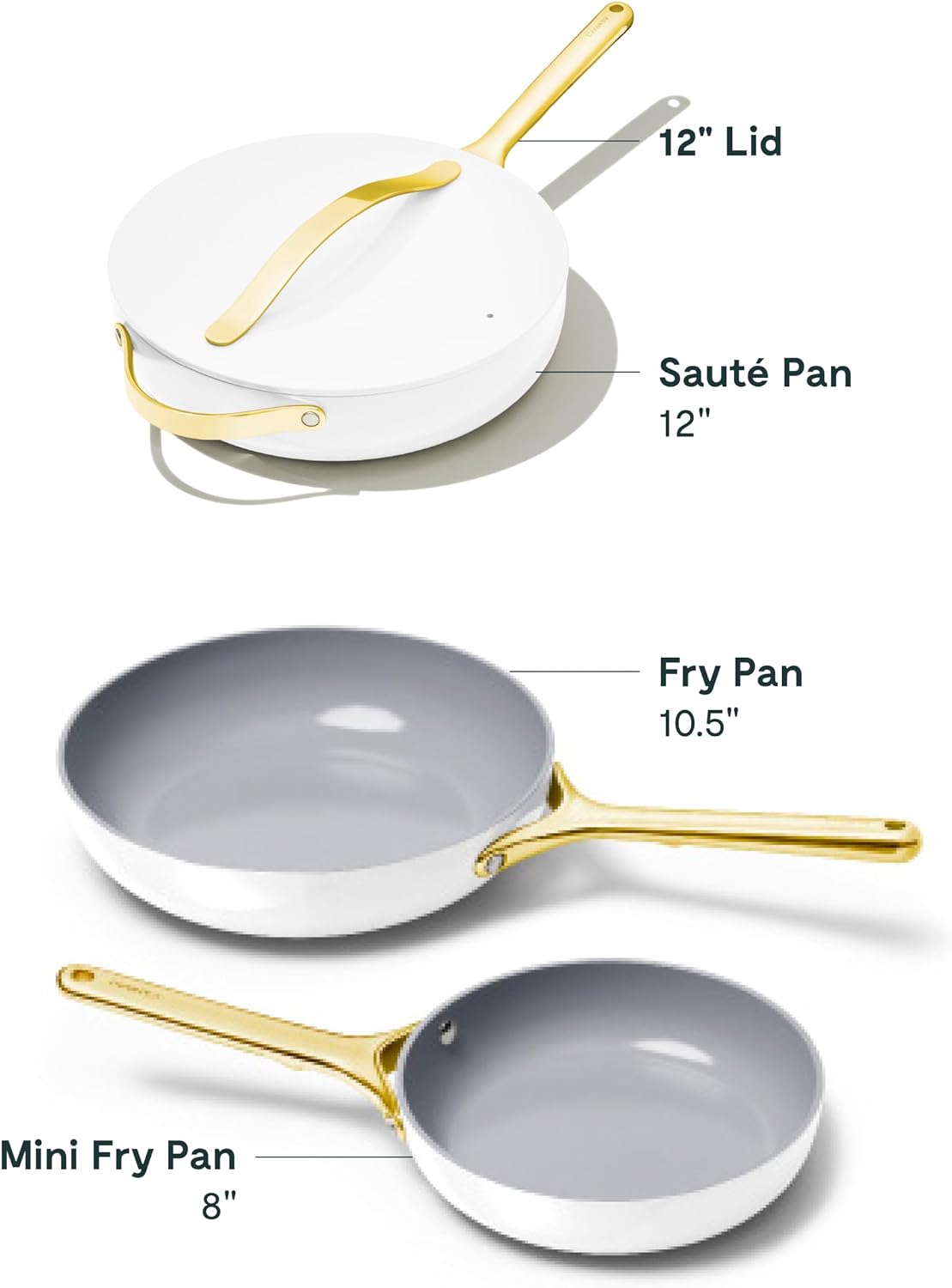 Caraway 4-Piece Fry Pan Set - Non-Stick Frying Pans (10.5' & 8') & Non-Stick Sauté Pan - Non Toxic, PTFE & PFOA Free - Oven Safe & Compatible with All Stovetops (Gas, Electric & Induction) - White