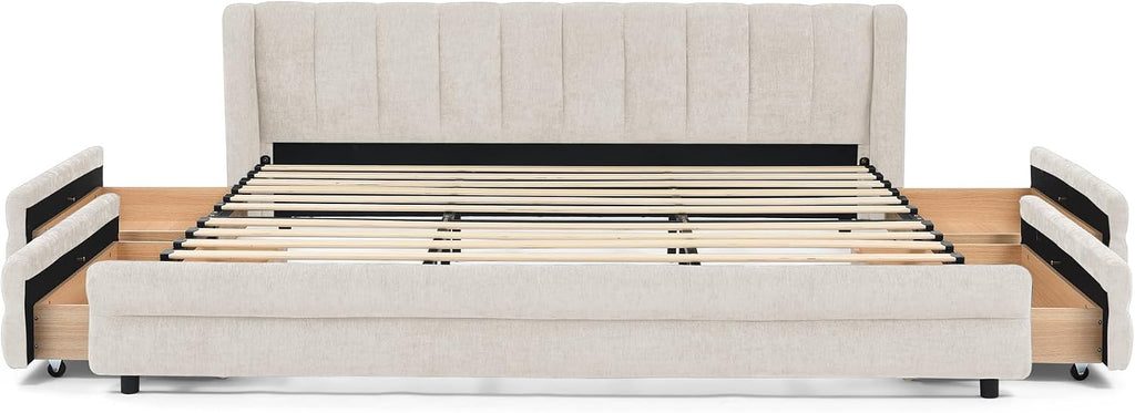 DEINPPA King Size Bed Frame with 4 Storage Drawers and Cloud Soft Headboard, Chenille Upholstered Grounded Wood Base Bed Frame, No Box Spring Needed-Beige