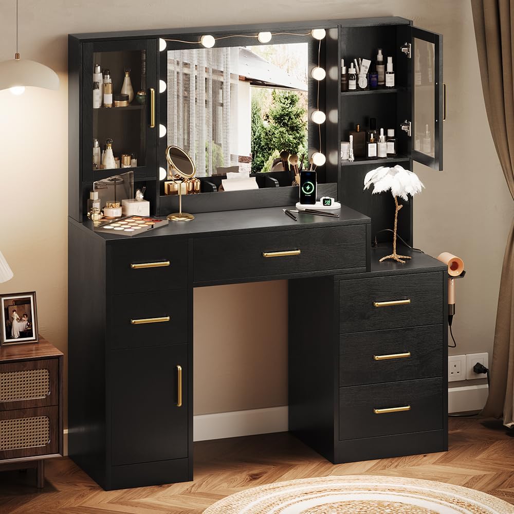 TOKSOM Makeup Vanity Desk with Mirror and Lights, 51' Makeup Vanity with Lights & Charging Station, Dressing Table Vanity Set for Bedroom, Vanity Table with 6 Drawers and 3 Cabinet Black