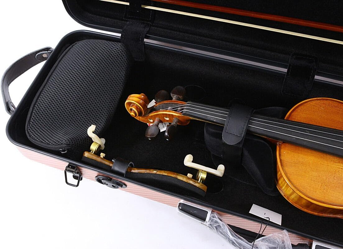 Violin case 4/4 Full size High strength Carbon fiber hard shell Durable handles Internal storage with Backpack straps Music Sheet bag (Rose gold,Buckle lock)