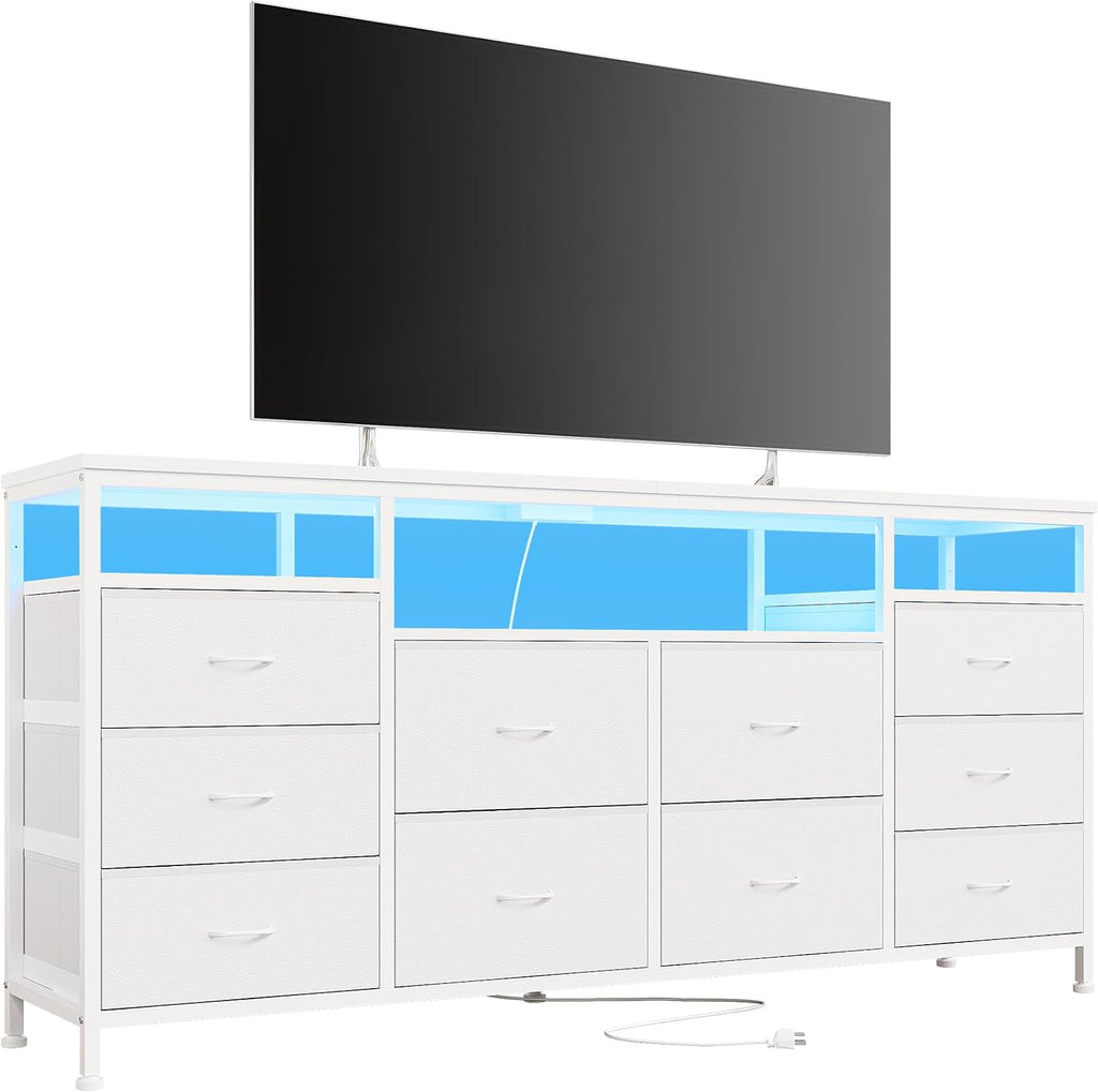 63.3 in Dresser for Bedroom, 10 Drawer Dresser Tv Stand for 65 70 75 in Tv, Fabric Chest of Drawers With Led Lights & Power Outlets, Long Entertainment Center for Closet, Living Room (White PU)