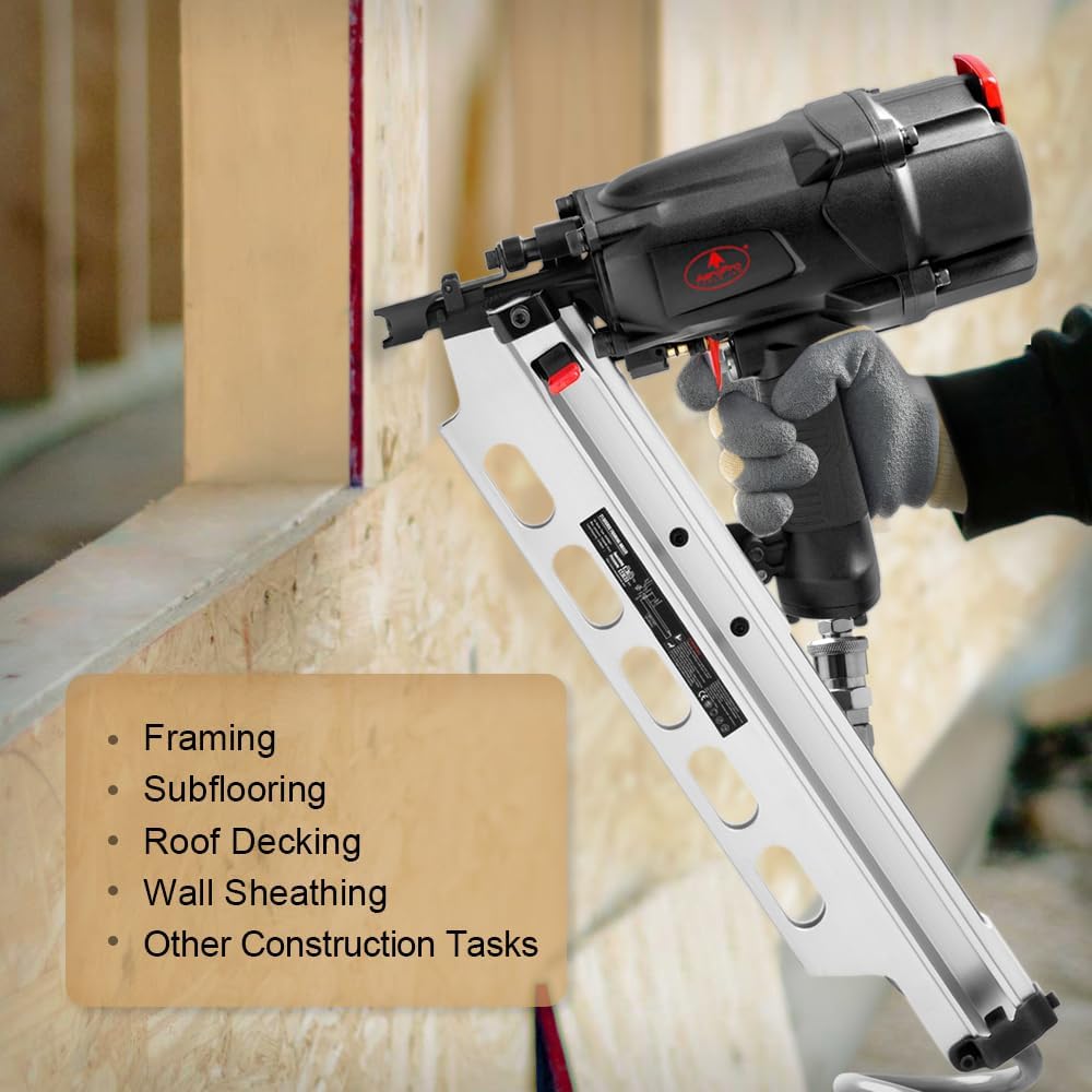AEROPRO TOOLS Pneumatic Framing Nailer RHF9021, 21 Degree plastic collated nails from 2-Inch to 3-1/2-Inch With Toolless Depth Adjust,No Mar Tip and Rafter Hook