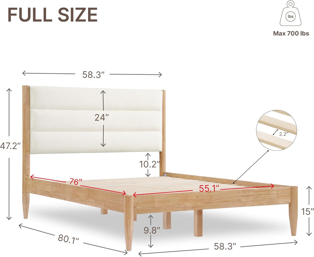 KISLOT Wood Bed Frame with Upholstered Headboard Wooden Platform with Silent Slat Support Mattress Foundation No Box Spring Needed, Easy Assembly