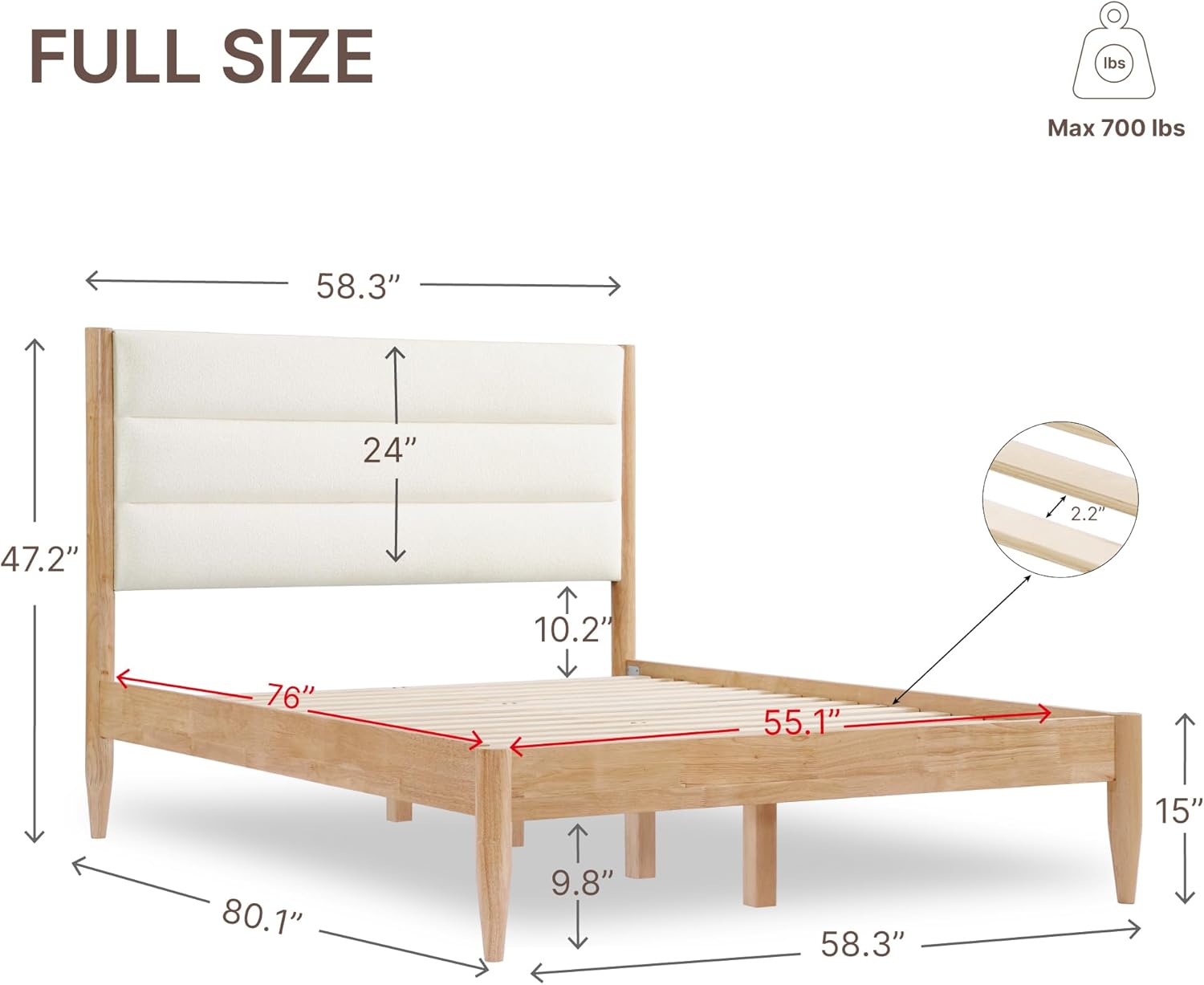 KISLOT Wood Bed Frame with Upholstered Headboard Wooden Platform with Silent Slat Support Mattress Foundation No Box Spring Needed, Easy Assembly