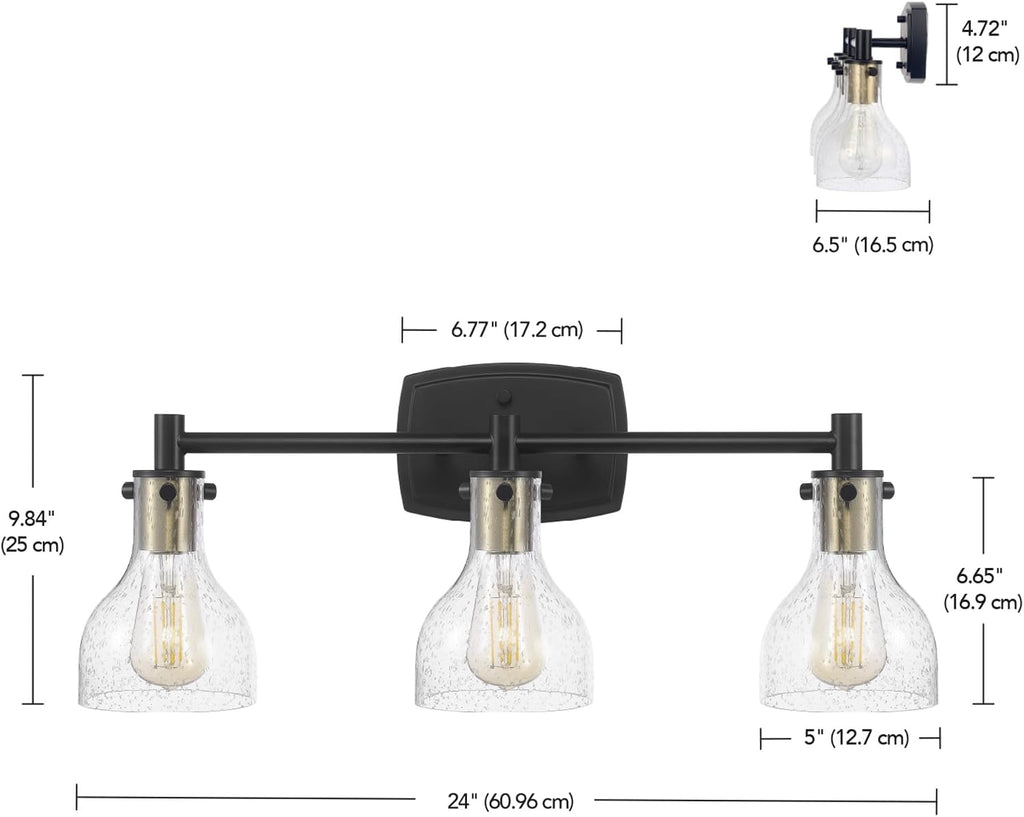GLOBE Electric 63000062 5-Piece All-in-One Bathroom Set, Matte Black & Brass, 3-Light Vanity Light, Seeded Glass, Towel Bar, Toilet Paper Holder, Towel Ring, Robe Hook, Bathroom Lights Over Mirror