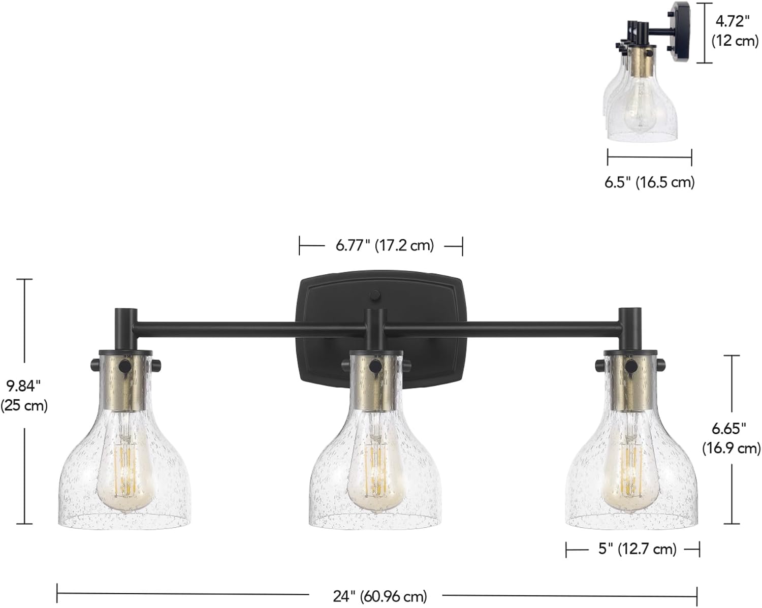 GLOBE Electric 63000062 5-Piece All-in-One Bathroom Set, Matte Black & Brass, 3-Light Vanity Light, Seeded Glass, Towel Bar, Toilet Paper Holder, Towel Ring, Robe Hook, Bathroom Lights Over Mirror
