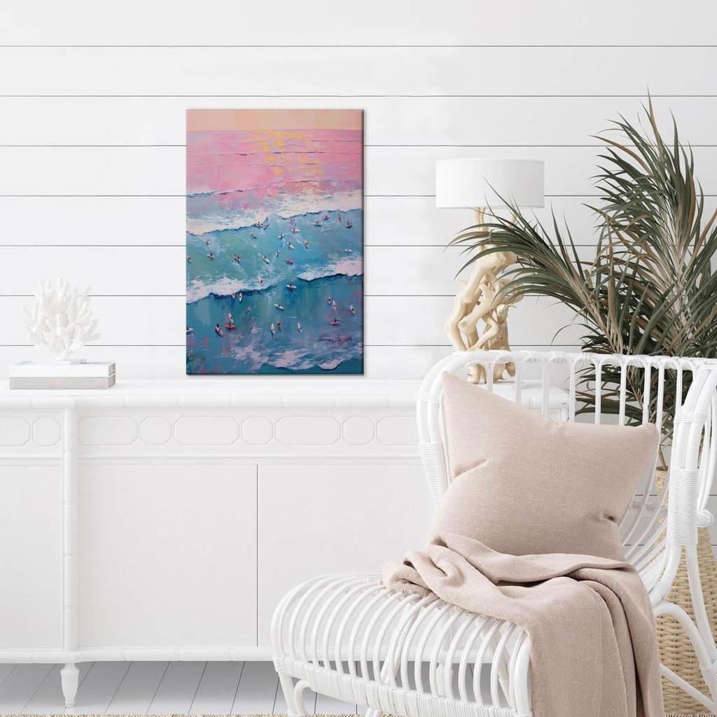 Vintage Surf Painting Tiny People Surfing Poster Abstract Ocean Wave Wall Art Pink and Blue Coastal Canvas Print Trendy Preppy Aesthetic Room Cubicle Beach House Home Decor 24x36inch frame