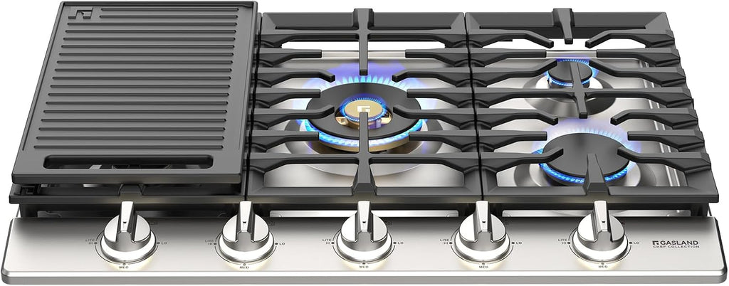 GASLAND Chef Collection Heavy Duty Gas Cooktop 30 Inch, 5 Burner NG/LPG Stovetop with Reversible Cast Iron Grill/Griddle, Gas Countertop Plug-in, NG/LPG Convertible, Stainless Steel