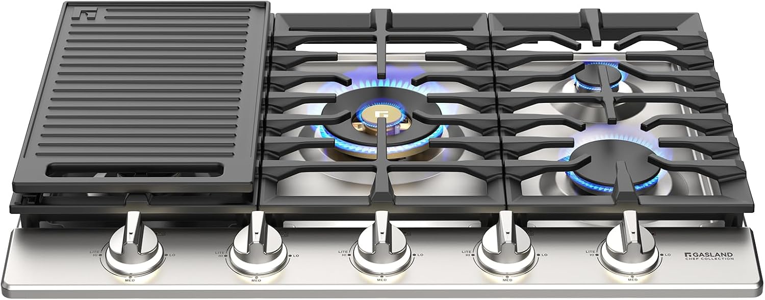 GASLAND Chef Collection Heavy Duty Gas Cooktop 30 Inch, 5 Burner NG/LPG Stovetop with Reversible Cast Iron Grill/Griddle, Gas Countertop Plug-in, NG/LPG Convertible, Stainless Steel